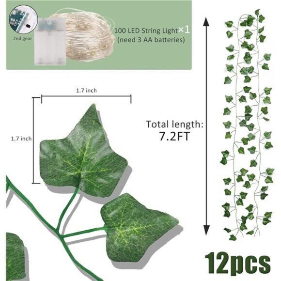 RECUTMS Ivy Fake Vines 12 Pack 86 FT Artificial Ivy with 100 LED String Light - Picture 2 of 7